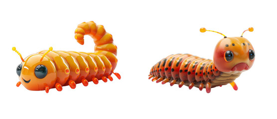 Set of Two cartoon caterpillars with big eyes, one curled up and one crawling, isolated on PNG transparent background
