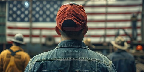 Workers in front of US flag, representing Labor Day, unity, and