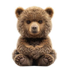 Fototapeta premium A cute brown bear cub sitting with its paws tucked in front of it, looking directly at the camera, isolated on PNG transparent background