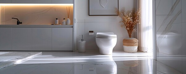 A minimalist white bathroom showcases a contemporary toilet bowl, complemented by simple yet chic decor elements like a framed artwork and a minimalist soap dispenser. The uncluttered space provides
