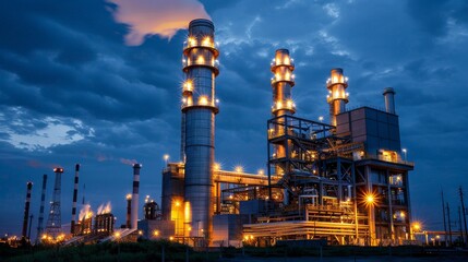 Obraz premium The powerful image of a gas turbine power plant at the blue hour, with lights on and smoke rising, powering nearby factories
