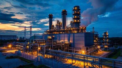 The powerful image of a gas turbine power plant at the blue hour, with lights on and smoke rising, powering nearby factories