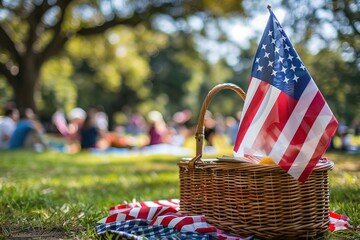 Picnic basket with US flag in grass, celebrating Labor Day outdo
