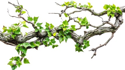 realistic twisted jungle branch with plant growing isolated on a white background
