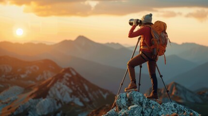 A lone photographer captures the sunrise over a mountain range