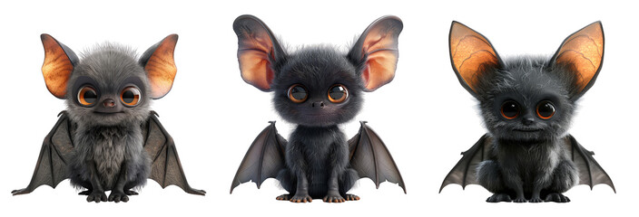 Set of Three cute cartoon bats with big eyes and fluffy fur, isolated on PNG transparent background