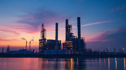 Fototapeta premium The silhouette of a gas turbine power plant against a twilight sky, illustrating the energy it provides to nearby factories