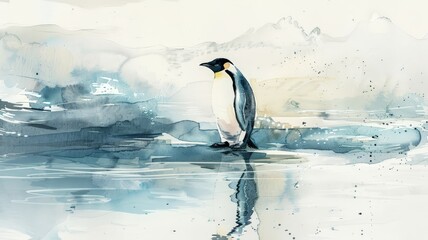 Obraz premium Watercolor Illustration of a Penguin Amidst Snowflakes. Minimalist Composition with Soft Greys.