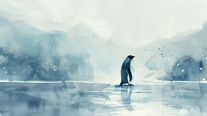 Obraz premium Watercolor Illustration of a Penguin in a Winter Landscape. Peaceful Setting with Serene Colors.