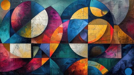 Fototapeta premium Abstract art with geometric shapes and vibrant colors on a textured background, creating a mesmerizing visual experience for the viewer.
