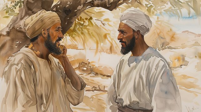 Biblical Illustration of Apostle Philip Conversing with Ethiopian Eunuch, Desert Landscape, Beige Background, Copyspace