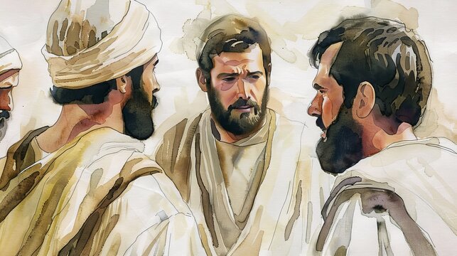 Apostle Barnabas Introducing Paul to Skeptical Disciples in Jerusalem, Bridging Trust, Earnest and Persuasive, Biblical Illustration, Beige Background, Copyspace
