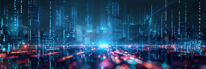 Futuristic Cityscape with Binary Code and Lights