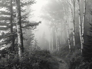 Black and white landscape of a foggy forest with tall trees and thick underbrush