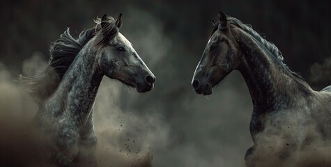 Two Horses stand opposite each other.