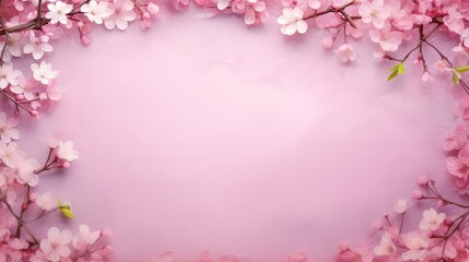 Fototapeta premium Frame of Sprigs Sakura Cherry Blossoms on pink background.Holiday Concept of spring, 8 march, mother day, april, may, Persian new year.