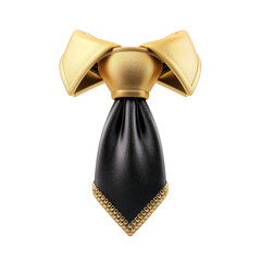 A black bow tie with a gold clasp, isolated on a black background, isolated on PNG background