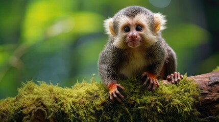 Fototapeta premium Adorable Small Monkey Sitting on Mossy Branch in Lush Green Forest