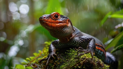 Close-up of Colorful Lizard in Lush Rainforest with Rain Droplets on Leaves