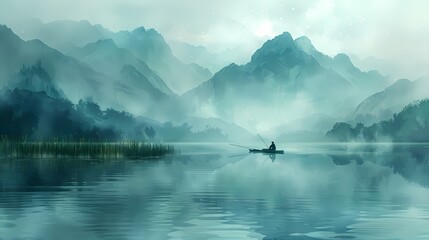 Green grass mountains lake fishing boat illustration poster background
