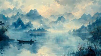 Green grass mountains lake fishing boat illustration poster background