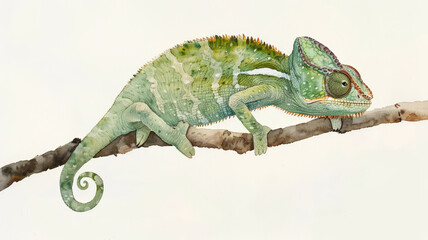 Fototapeta premium Watercolor Illustration of a Chameleon with Gentle Shading. Subtle Greens and Browns Create a Calm and Light Background.