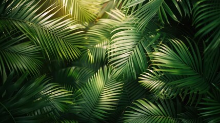 Lush green palm leaves with sunlight creating intricate patterns of light and shadow