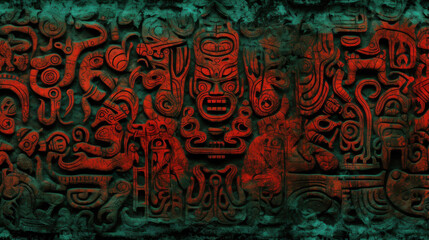 Unique Aztec design with ink grunge print on dark green damask background, featuring a spring texture and chalky finish.