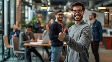 Fototapeta premium A happy young male employee in casual shows a thumbs up