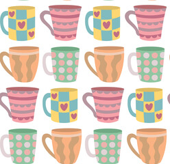 Seamless pattern with cute cups with different prints. Vector simple backdrop in flat style.	
