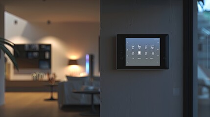 A modern touchscreen control panel in a smart home living room displays climate control, security, and lighting automation features on the wall. Generative AI