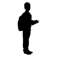 Silhouette of a schoolboy. Silhouette of schoolboy with school bag and book in hands. Vector illustration.