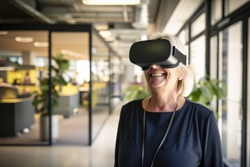 a woman wearing a virtual reality headset