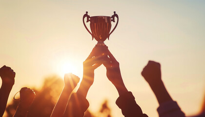  group of hands reaching towards the sky, holding up a golden trophy cup 