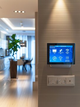 A sleek, modern touchscreen control panel mounted on a contemporary wall in a smart home. The panel displays home automation options like lighting, security, and climate control. Generative AI