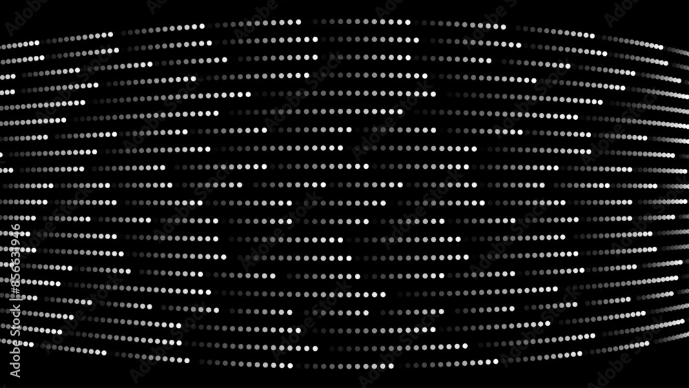 Poster Abstract Digital Mosaic Dots Halftone Tech Background Pattern. White Dots Moving Fast. Hi-Tech Minimal Technology Design Texture. Digital Data Flow Transfer. Vector Illustration.