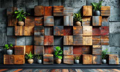 Fototapeta premium 3D Render of Stylish Timber Tile Wall with Wooden Square Blocks and Potted Plants, Modern Textured Wallpaper Background, Soft Sheen Finish for Interior Design and Home Decor Concepts
