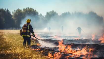 Fototapeta premium Adult man in a firefighter's uniform putting out a fire in an open field on a sunny day. 