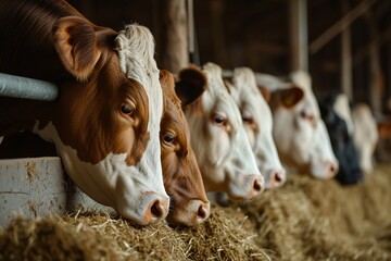 a group of cows eating hay