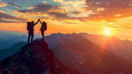 Two hikers high-five on top of the mountain at sun rise, in silhouette.