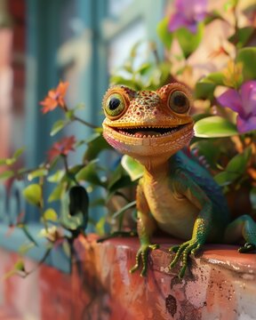 3D illustration of a cute lizard on a wall, with a friendly smile and vivid colors. The lizard's charming features and the wall's details make the scene captivating. Happy and vibrant.