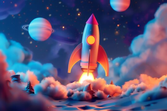 A 3D cartoon rocket blasting off towards the moon, with stars and planets in the background.