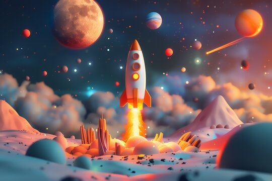 A 3D cartoon rocket blasting off towards the moon, with stars and planets in the background.