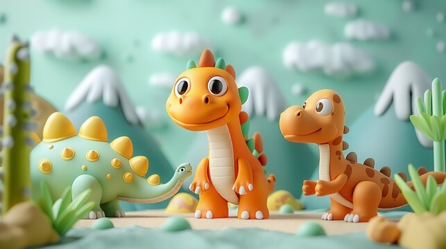 A 3D illustration of cute dinosaurs from different species in a desert setting. The dinosaurs interact with each other, creating a whimsical and delightful scene. Lighthearted and engaging.