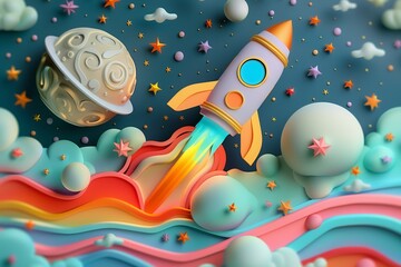 A colorful 3D rocket in cartoon style, soaring through space with the moon in sight. The scene is filled with twinkling stars and cosmic elements. Fun and fantastical.
