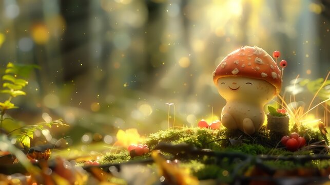 A charming mushroom character with a happy expression and tiny feet