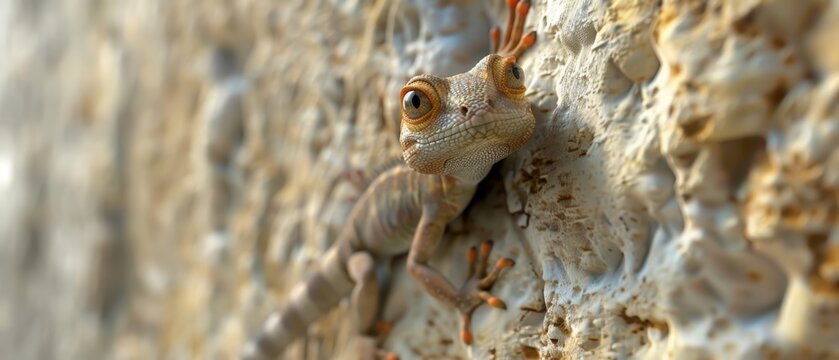 A cute 3D lizard clinging to a wall. The lizard's vibrant colors and expressive eyes make it endearing and lively. The wall texture adds a realistic touch. Playful and charming.