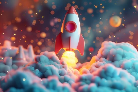 A colorful 3D rocket in cartoon style, soaring through space with the moon in sight. The scene is filled with twinkling stars and cosmic elements. Fun and fantastical.