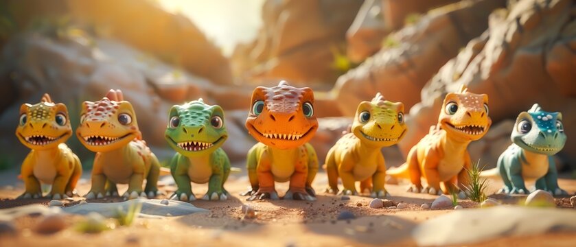 A group of  dinosaurs different breeds in a desert landscape. The dinosaurs have friendly expressions and vibrant colors, making the scene lively and endearing. Warm and playful atmosphere.