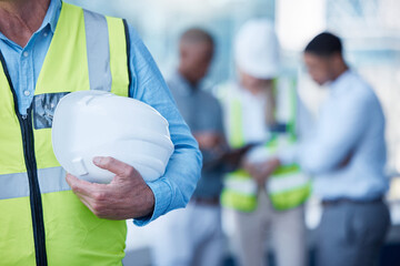 Architecture, meeting and person with helmet in office for project management, team and inspection on tablet. Civil engineering, online planning and contractor at construction site with safety gear